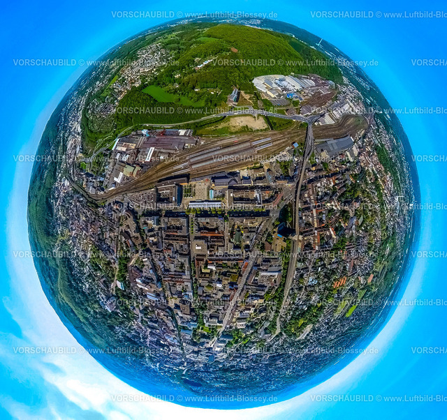 Hagen240590243AltenhagenerBruecke_Hauptbahnhof | Luftbild, Bahnhofshinterfahrung Altenhagen mit Bahnhof Hagen Hbf, Baustelle für Ortsumgehung mit Neubau der Bahnhofshinterfahrung, Wehringhauser Straße, Deutsche Edelstahlwerke, Erdkugel, Fisheye Aufnahme, Fischaugen Aufnahme, 360 Grad Aufnahme, tiny world, little planet, fisheye Bild, Mittelstadt, Hagen, Ruhrgebiet, Nordrhein-Westfalen, Deutschland