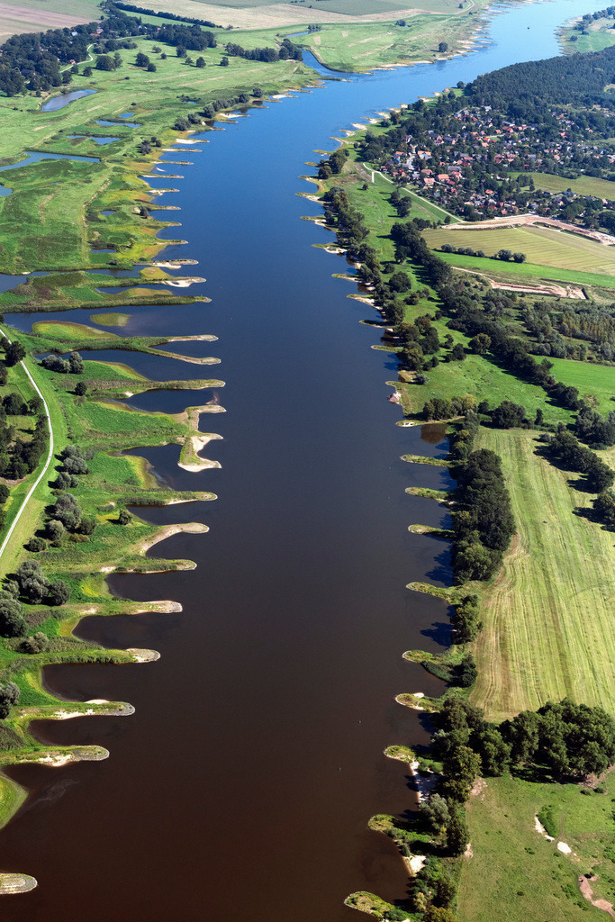 dr__0200025.jpg | LANGENDORF 06.09.2023 Sand- Aufspülungen und Ablagerungen an der Buhnen- Landschaft der Uferbereiche - Flussverlaufes an der Sandstraße in Langendorf im Bundesland Niedersachsen, Deutschland. 