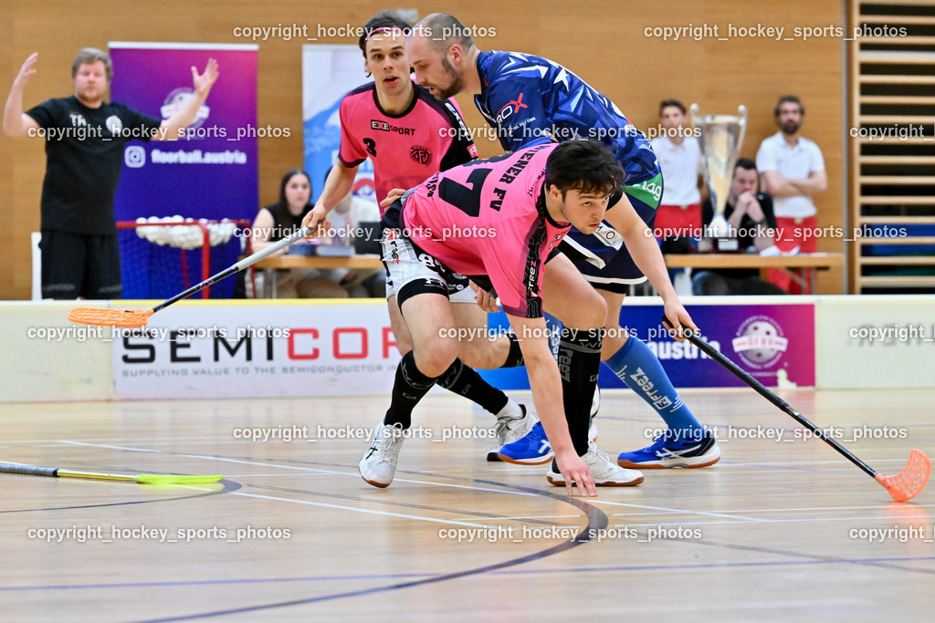 VSV Unihockey vs. Wiener Floorballferein 6.4.2024 | #3 Jesse Laukkanen Wiener Floorballverein,  #87 Christian Lindquist Wiener Floorballverein, #13 Jan Sláma VSV Unihockey, VSV Unihockey vs. Wiener Floorballferein 6.4.2024, VSV Unihockey vs. Wiener Floorballferein  am 06.04.2024 in Villach (Ballspielhalle St. Martin), Austria, (Photo by Bernd Stefan)