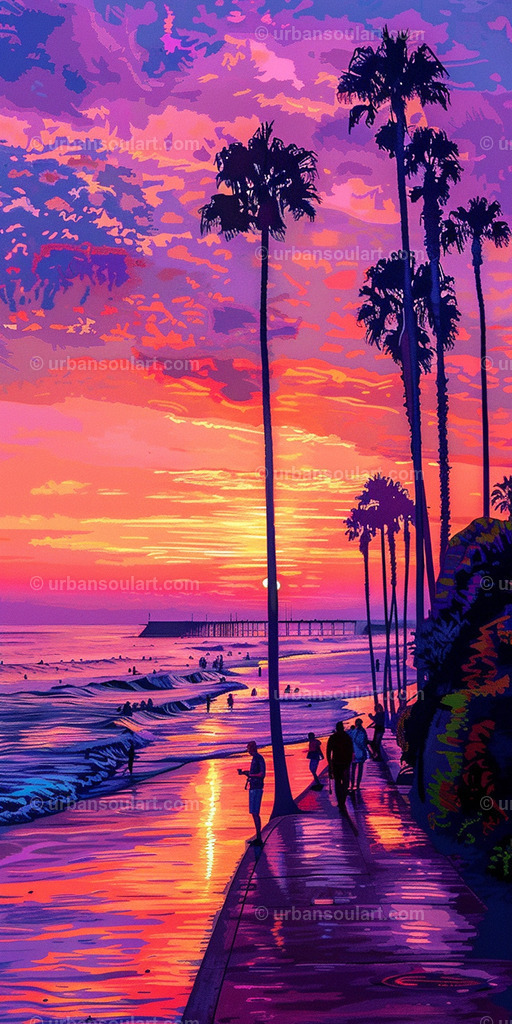 Sunset At The Beach Of California | A vibrant California sunset over the beach, with silhouettes of palm trees and a colorful sky. This artwork brings a relaxed, beachy vibe to any room, ideal for coastal-themed decor. - Realisiert mit Pictrs.com
