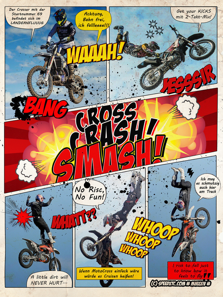 Motocross Comic "Crash Jumpers" | Mit knalligen Farben und coolen Sprüchen im Comic-Stil fliegen hier diverse Motocross-Piloten über den staubigen Track. Sie zeigen ihre halsbrecherischen Tricks in der Hoffnung auf eine körperschonende Landung. Ein hochwertiges und dekoratives Wandbild in brillanter Druckqualität auf Acrylglas, Alu-Dibond, Leinwand und vielen weiteren Wandprodukten perfekte geeignet für Ihr Ambiente. - Realisiert mit Pictrs.com