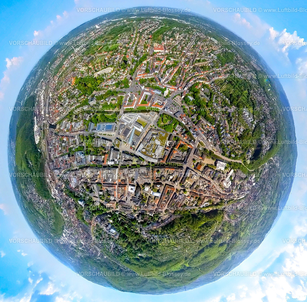 Hagen230520039Mitte | Luftbild, Hagen-Mitte, Friedrich-Ebert-Platz, Sparkassen-Karree, Volme Galerie und Rathaus Galerie, Erdkugel, Fisheye Aufnahme, Fischaugen Aufnahme, 360 Grad Aufnahme, Mittelstadt, Hagen, Sauerland, Nordrhein-Westfalen, Deutschland