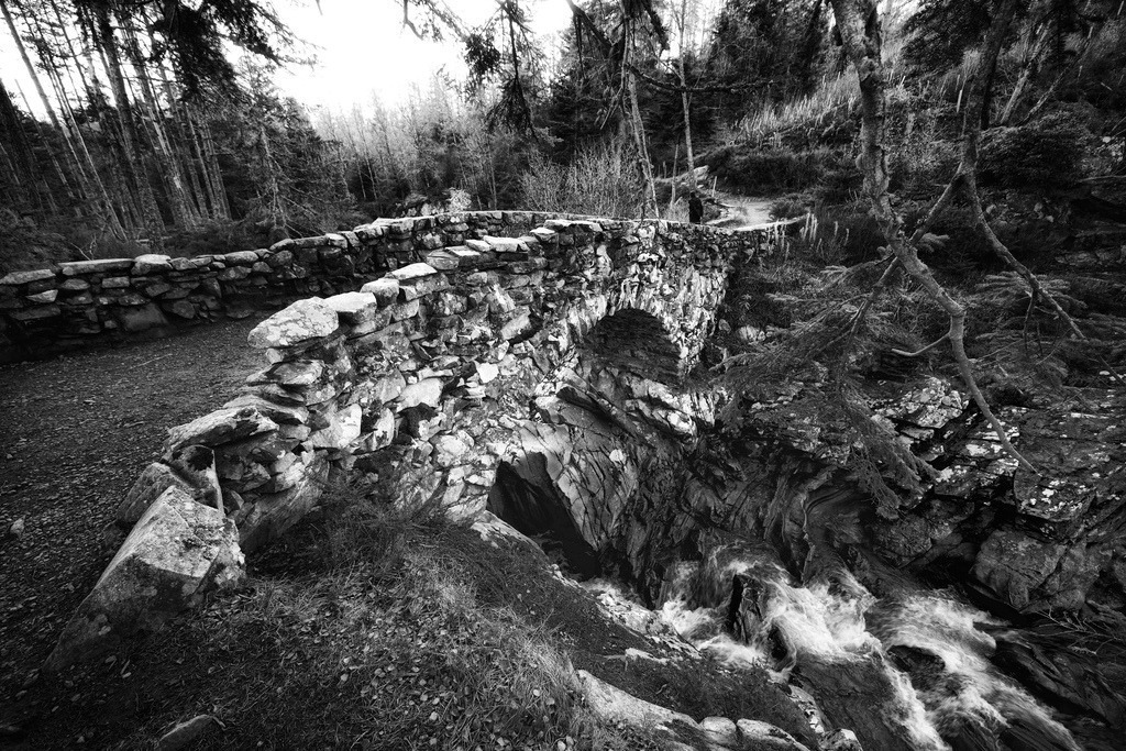 Falls of Bruar | Eine historische Steinbrücke überspannt einen reissenden Fluss inmitten einer bewaldeten Schlucht in Schottland. Die Schwarz-Weiss-Darstellung hebt die rauen Texturen von Stein, Wasser und den umliegenden Bäumen hervor und verleiht der Szene eine zeitlose, dramatische Ästhetik. Die Weitwinkelperspektive betont die Tiefe und die natürliche Umgebung. - Realisiert mit Pictrs.com