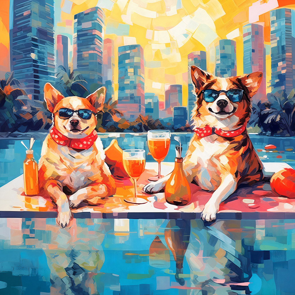 2307063 - Cool Dogs | Lustiges Motiv von zwei Hunden mit Cocktails in einem Pool.