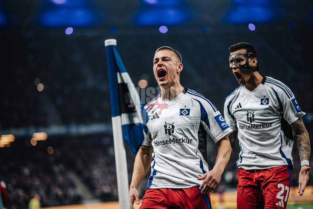 Fußball | Männer | Saison 2024/2025 | 2. Fußball-Bundesliga | 25. Spieltag | Hamburger SV vs. Fortuna Düsseldorf | 08.03.2025 | Miro Muheim (#28, HSV) jubelt nach seinem Tor