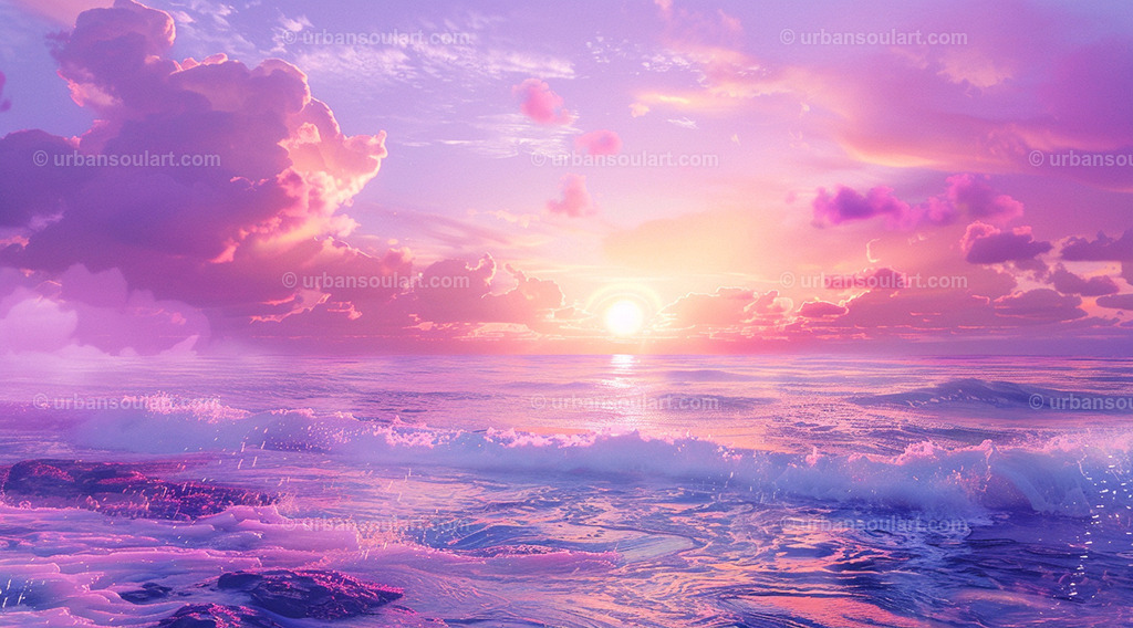 Pink Cloudy Sky With Ocean Sunrise | This soft, pastel-hued ocean sunrise with pink clouds and calm waves creates a dreamy, tranquil atmosphere. Perfect for adding a serene and romantic vibe to bedrooms or living spaces. - Realisiert mit Pictrs.com