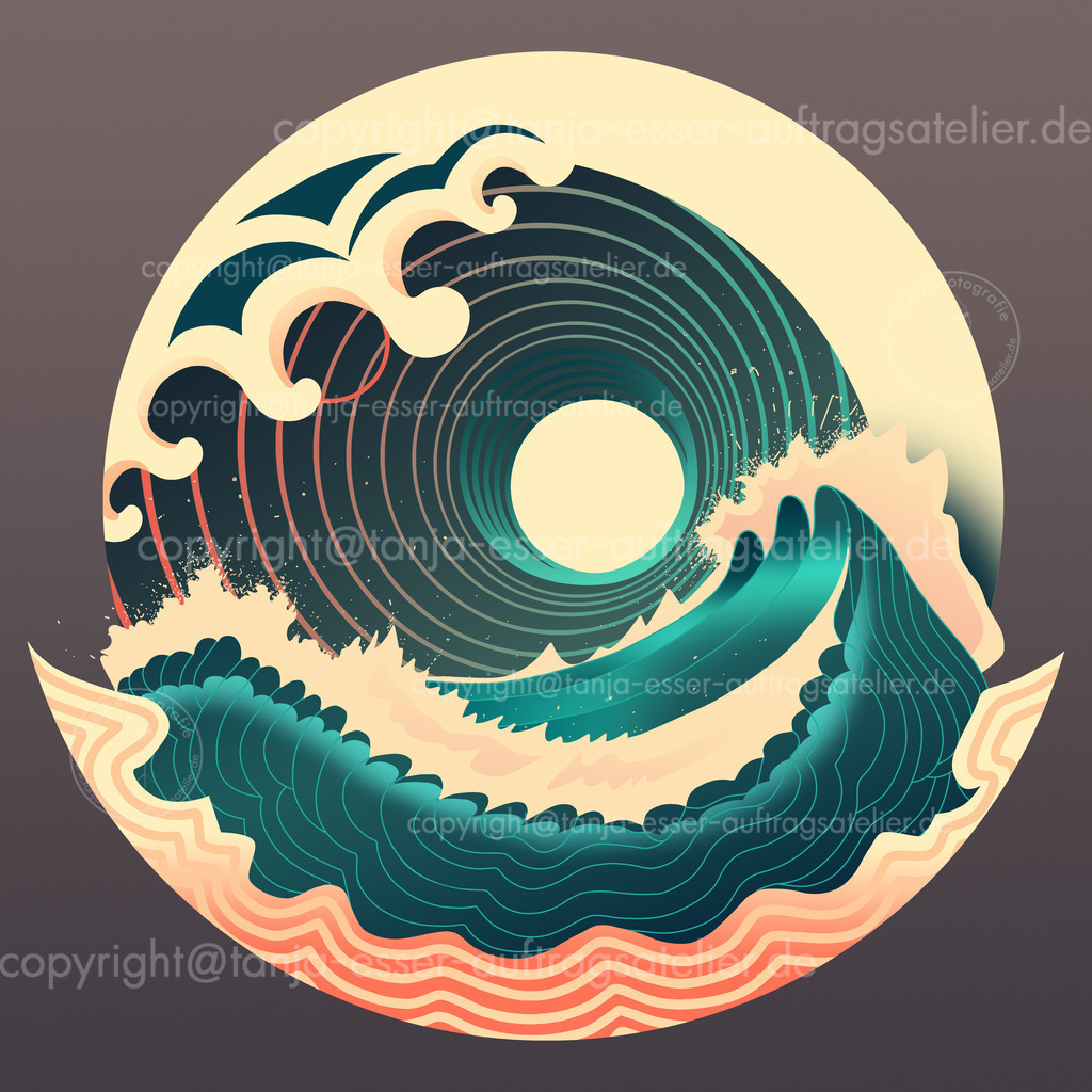 Abstrakte Illustration von haptischen Wellen und dem Meer | Stilisierte Wellen mit Gischt in einem Kreis. Strand mit Wellenmuster. Schöne detailreiche handgemalte Illustration. Vintage Stil.