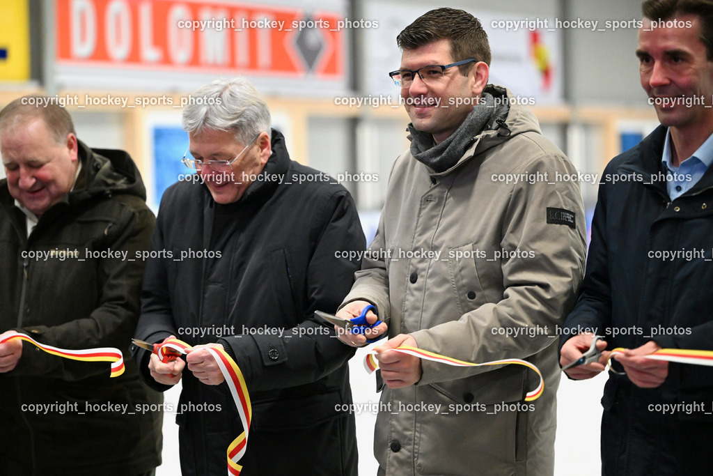 Eishallen Eröffnung Eberstein | Bürgermeister Eberstein Andreas Grabuschnig, Landeshauptmann Kärnten Peter Kaiser, Landeshauptmann Stellvertreter Martin Gruber, Eishallen Eröffnung Eberstein, Eishallen Eröffnung Eberstein am 07.12.2024 in Eberstein (Halle Eberstein), Austria, (Photo by Bernd Stefan)