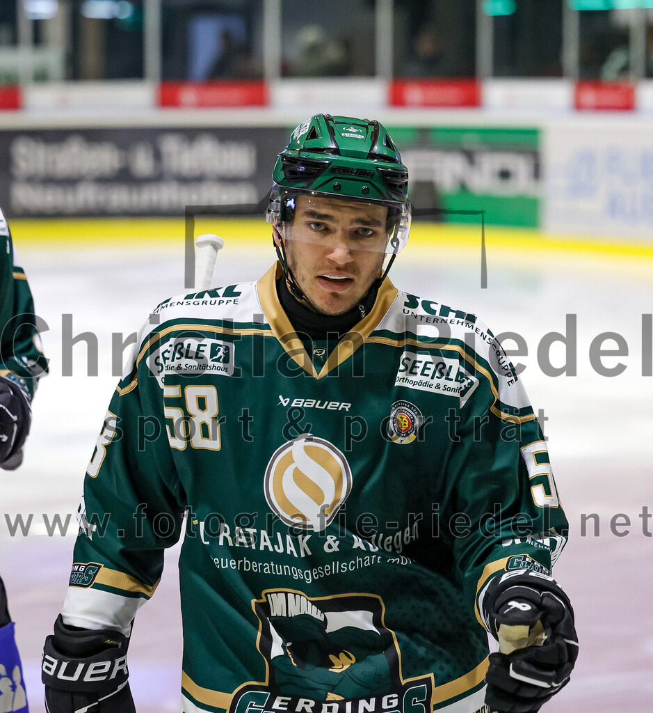 2026-01-23_066_TSV_Erding_gegen_SC_Riessersee | Erding, Deutschland, 23.01.2026:Eishockey, Oberliga Süd 2025 / 2026, 40. Spieltag, TSV Erding gegen SC Riessersee, Endergebnis: 6:5 n.V.Paul Pfenninger (Erding Gladiators, #58)Foto: Christian Riedel / fotografie-riedel.net