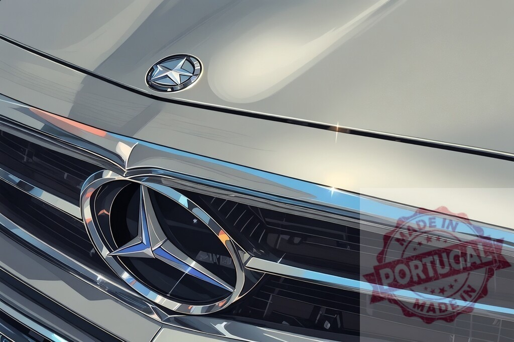 Mercedes-Benz logo on luxury car grill detail | Mercedes-Benz emblem shining on a silver automotive grill, representing luxury and quality - Realized with Pictrs.com