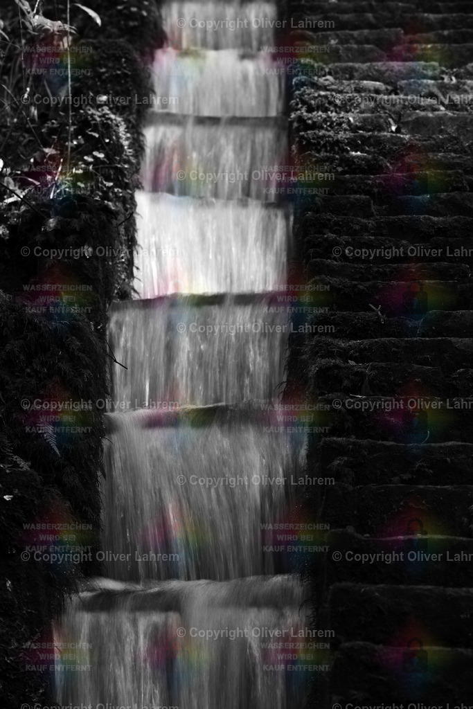 Wasser Treppen Monochromie | Das Wasser stürzt an der Levada do Furado im tropischen Wald Madeiras über mehrere Stufen in die Tiefe.