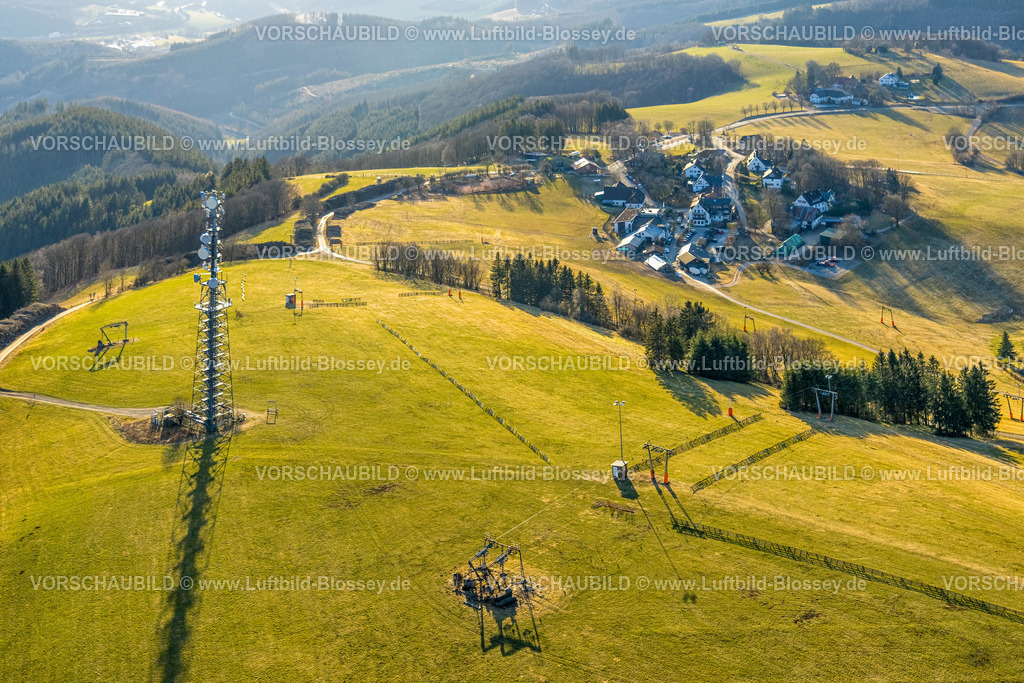 Sundern250309862WildeWiese | Luftbild, Ortsansicht mit Fernsicht, Aussichtsturm Schomberg Richtfunkturm, Wildewiese-Homert genannter Hauptkamm des Homertrückens, Waldgebiet mit Waldschäden, Skigebiet im Winter, Wildewiese, Sundern, Sauerland, Nordrhein-Westfalen, Deutschland