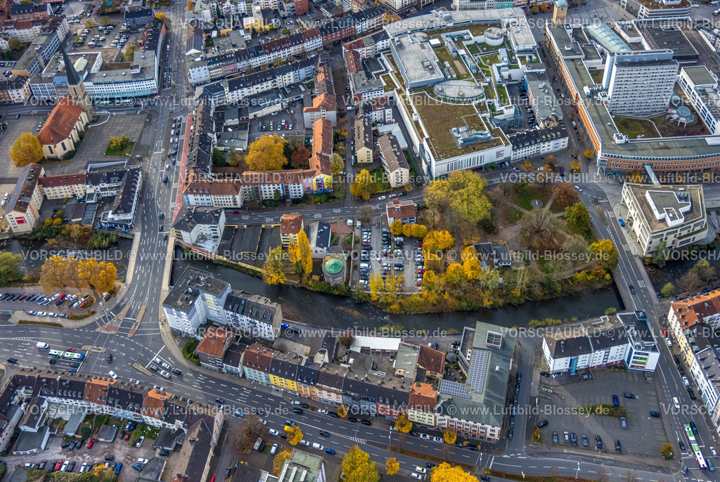 Hagen251102469 | Luftbild, Synagoge am Doktor-Ferdinand-Davidpark mit Fluss Lenne, Rathaus Galerie, herbstliche Bäume, Mittelstadt, Hagen, Ruhrgebiet, Nordrhein-Westfalen, Deutschland