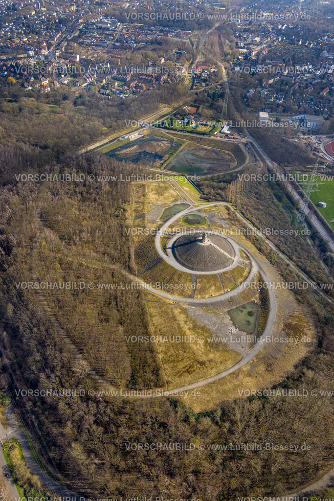 Gelsenkirchen240301288 | Luftbild, Bergehalde Rheinelbe und Himmelstreppe mit Waldgebiet, Baustelle Regenrückhaltebecken am Wattenscheider Bach, Ückendorf, Gelsenkirchen, Ruhrgebiet, Nordrhein-Westfalen, Deutschland
