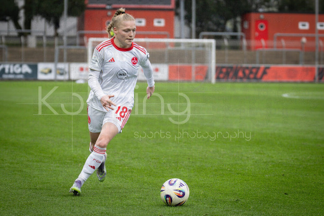 Frauen Fußball-Bundesliga; Bayer 04 Leverkusen - 1. FC Nürnberg, 31.01.2026 | Franziska Mai (1. FC Nürnberg, 18); Bayer 04 Leverkusen - 1. FC Nürnberg an Spieltag 16 der Google Pixel Frauen-Bundesliga am 31.01.2026 im Ulrich-Haberland-Stadion in Leverkusen (Nordrhein-Westfalen). DFL REGULATIONS PROHIBIT ANY USE OF PHOTOGRAPHS AS IMAGE SEQUENCES AND/OR QUASI-VIDEO.