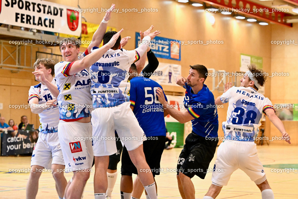 SC Ferlach vs. ALPA HC Hard | #38 SGONC Lennio HC Hard, #23 KOCBEK Jure SC Ferlach, #50 GONZALEZ-MARTINEZ Adonis,#8 STEVANOVIC Nikola HC Hard, SC Ferlach vs. ALPA HC Hard, #47 FRITSCH Lukas HC Hard, #15 MISCHI Valentin HC Hard, SC Ferlach vs. ALPA HC Hard am 30.04.2024 in Ferlach (Ballspielhalle Ferlach), Austria, (Photo by Bernd Stefan)
