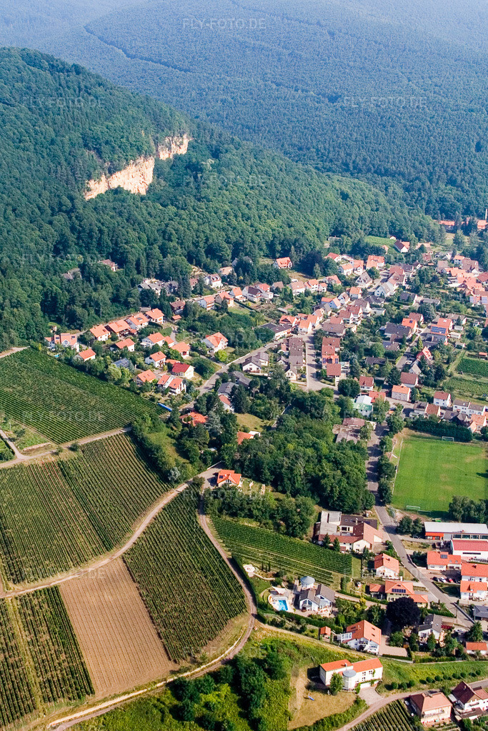 Luftbild: Winzerort am Haardtrand von Süden in Frankweiler im Bundesland Rheinland-Pfalz in Deutschland. Foto: IMG_12150.jpg vom 31.07.2008 durch Werner Riehm/FLY-FOTO.de