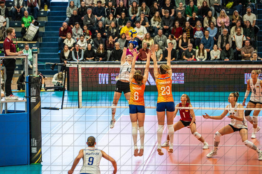 DVV | Nationalmannschaft Damen vs. Niederlande | Emilia Weske (Diagonal #13, TeamD) im Angriff, Block durch Nova Marring (Außenangriff  #6, TeamNL) und Eline Timmerman (Mittelblock #23, TeamNL). //  17.05.26: DVV | Nationalmannschaft Damen vs. Niederlande / Münster / Deutschland  //   CREDIT:www.bullenfotos.de, Martin König, Hörner Weg 40, D-49078 Osnabrück, +4917663732967 // Nutzung und Weitergabe nur zu den vereinbarten Zwecken. Presseanfragen an Ersteller. Alle Rechte beim Ersteller. Honorierung nach MFM. - Realisiert mit Pictrs.com