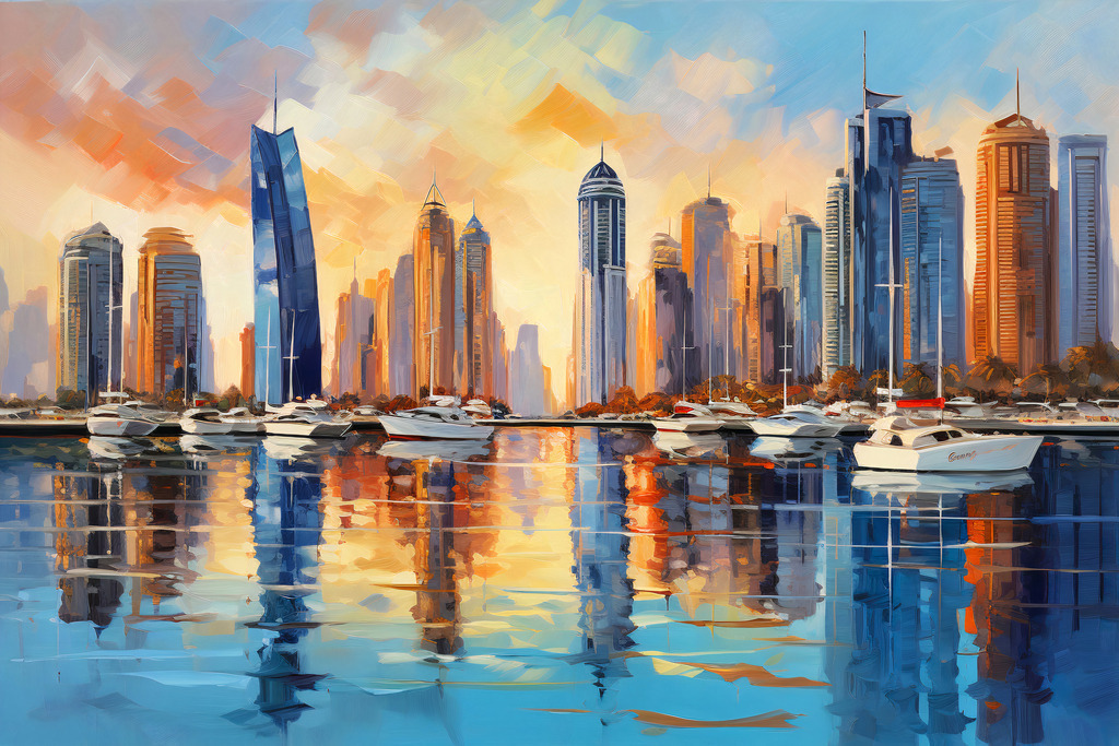 2307034 - Dubai Marina | Modernes abstraktes Wandbild mit Elementen des Yachthafens und der Skyline von Dubai.