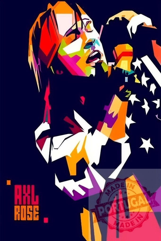 AXL ROSE pop art music icon vibrant vector | AXL ROSE portrait singing into a microphone in colorful pop art illustration style - Realized with Pictrs.com