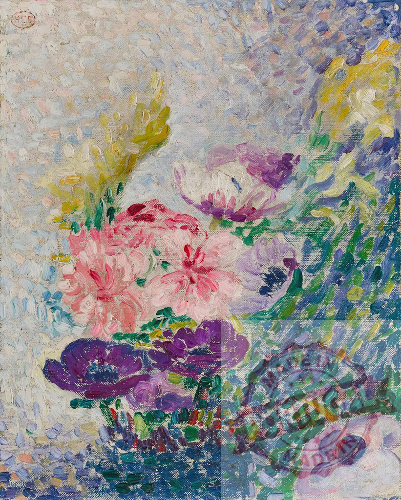 Still life painting showing colorful flowers on canvas. Henri Edmund Cross | Textured oil painting featuring a vibrant bouquet of flowers in a post-impressionist style - Realisiert mit Pictrs.com
