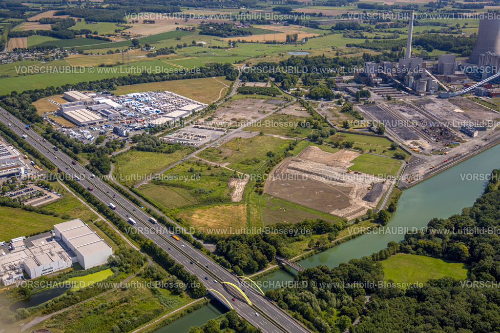 Hamm250702390Uentrop | Luftbild, Rückbau am Hafen Baugebiet Geithe am Datteln-Hamm Kanal am RWE Kraftwerk Westfalen, links Funke Kunststoffe GmbH Werk und angedachte Autobahn A2 Anschlussstelle Siegenbeckstraße, Uentrop, Hamm, Ruhrgebiet, Nordrhein-Westfalen, Deutschland