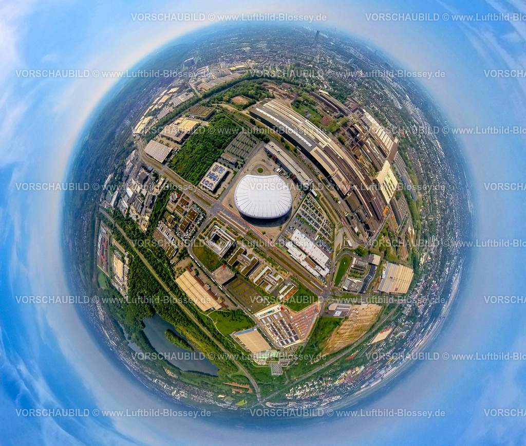 Duesseldorf240590054PSD-Bank-Dome | Luftbild, PSD Bank Dome Multifunktionshalle für Veranstaltungen, Konzerte und Events, Gewerbegebiet Theodorstraße, Weksgelände Vallourec Deutschland, Erdkugel, Fisheye Aufnahme, Fischaugen Aufnahme, 360 Grad Aufnahme, tiny world, little planet, fisheye Bild, Rath, Düsseldorf, Nordrhein-Westfalen, Deutschland