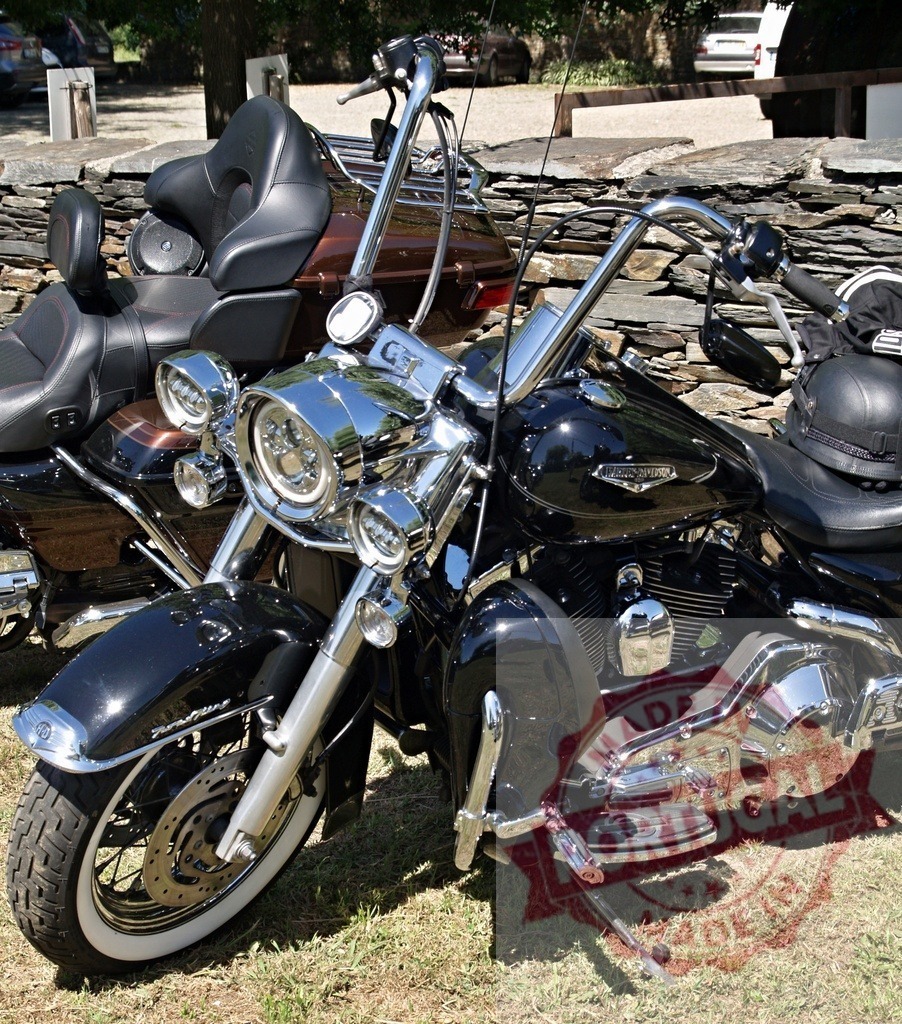 Shiny black Harley-Davidson motorcycle parked on grass near stone wall | Gleaming Harley-Davidson motorcycle parked on grass near a stone wall with another motorcycle in the background - Realisiert mit Pictrs.com