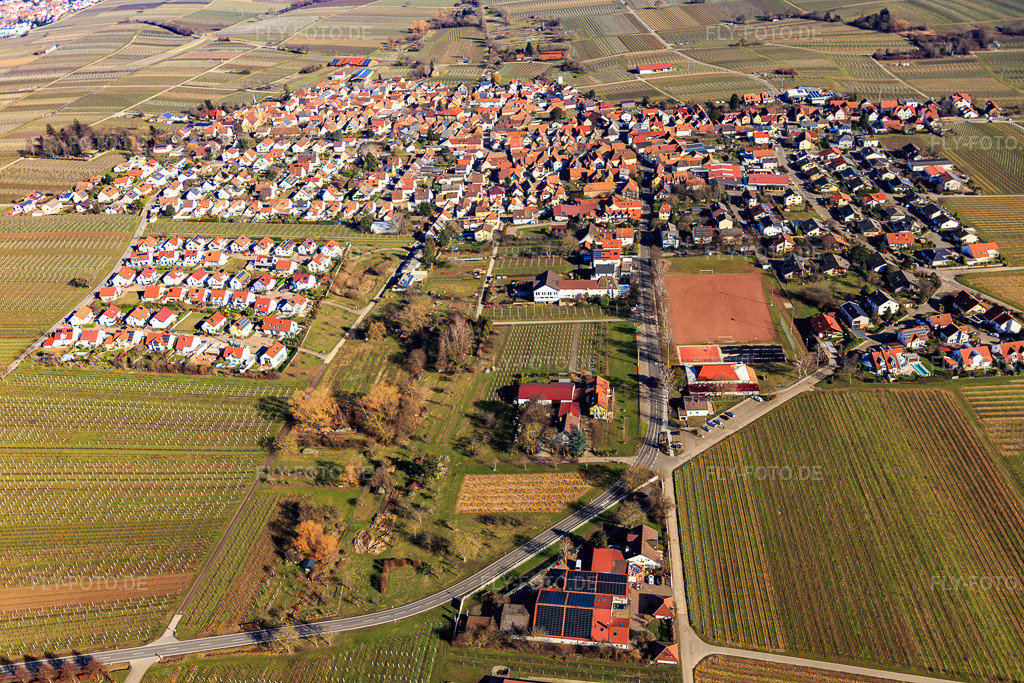 Luftbild: Dorfübersicht aus Westen im Ortsteil Nußdorf in Landau im Bundesland Rheinland-Pfalz in Deutschland. Foto: IMG_125289.jpg vom 21.02.2021 durch Werner Riehm/FLY-FOTO.de
