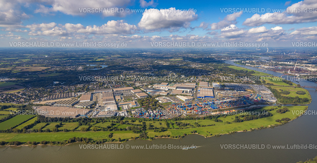 Duisburg241003604 | Luftbild, logport I (Eins) Rheinhausen, duisport mit D3T Duisburg Trimodal Terminal, DIT Duisburg Intermodal Terminal und Automobil-Logistik am Fluss Rhein, Fernsicht und blauer Himmel mit Wolken, Friemersheim, Duisburg, Ruhrgebiet, Nordrhein-Westfalen, Deutschland