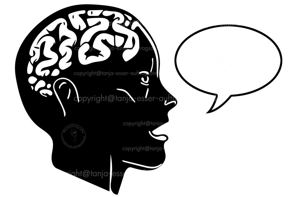 Frau spricht D | Menschlicher Frauen Kopf seitlich im Portrait. Eine Sprechblase symbolisiert, dass sie spricht. Das Gehirn ist sichtbar. Icon in schwarz vor weißem Hintergrund.