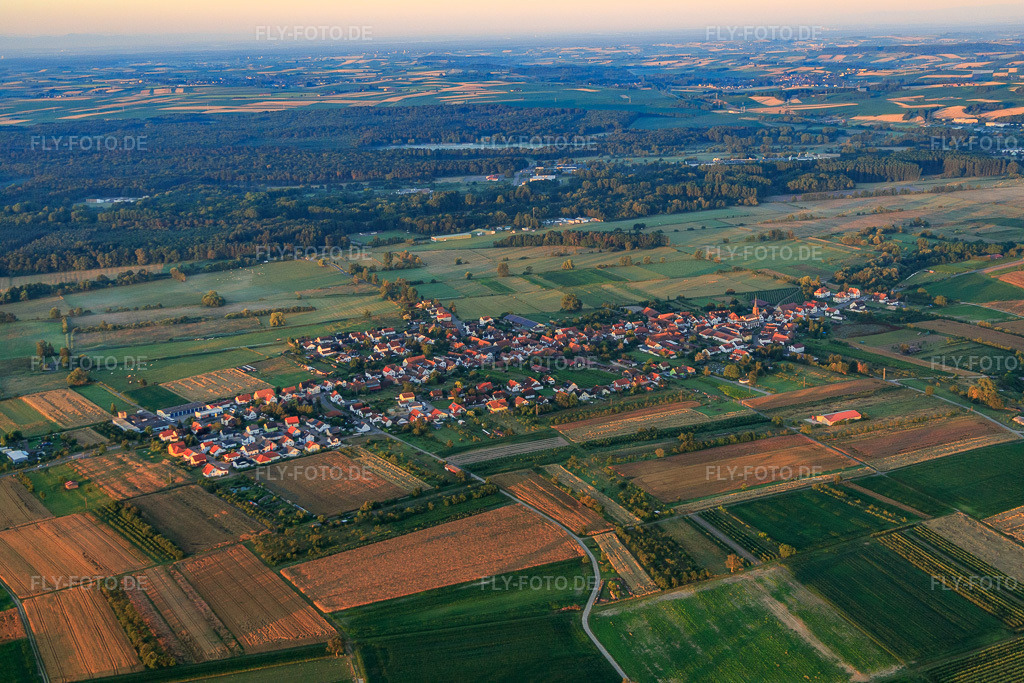Luftbild: Dorfansicht am Morgen aus Norden in Schweighofen im Bundesland Rheinland-Pfalz in Deutschland. Foto: IMG_091519.jpg vom 10.07.2016 durch Werner Riehm/FLY-FOTO.de