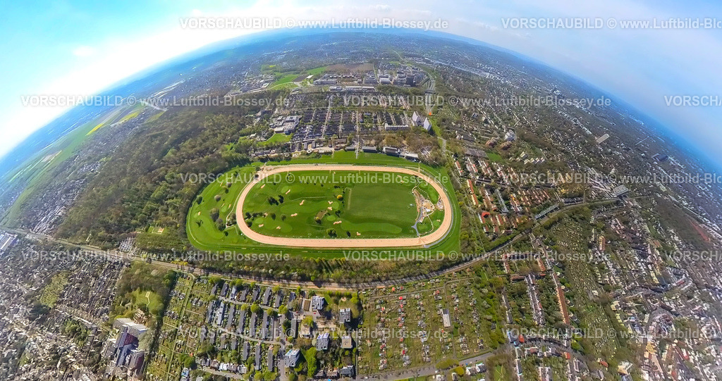 Dortmund230490043dWambelRennbahn-neu | Luftbild, Galopprennbahn Dortmund mit Golfrange, Erdkugel, Fisheye Aufnahme, Fischaugen Aufnahme, 360 Grad Aufnahme, Wambel, Dortmund, Ruhrgebiet, Nordrhein-Westfalen, Deutschland
