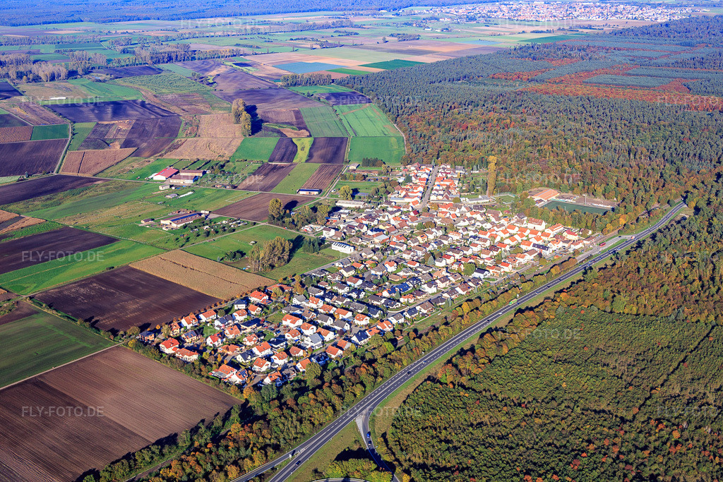 Luftbild: Ortsansicht von Südwesten im Ortsteil Riedrode in Bürstadt im Bundesland Hessen in Deutschland. Foto: IMG_074962.jpg vom 18.10.2014 durch Werner Riehm/FLY-FOTO.deAuflösung des Originals: 5472 x 3648 px