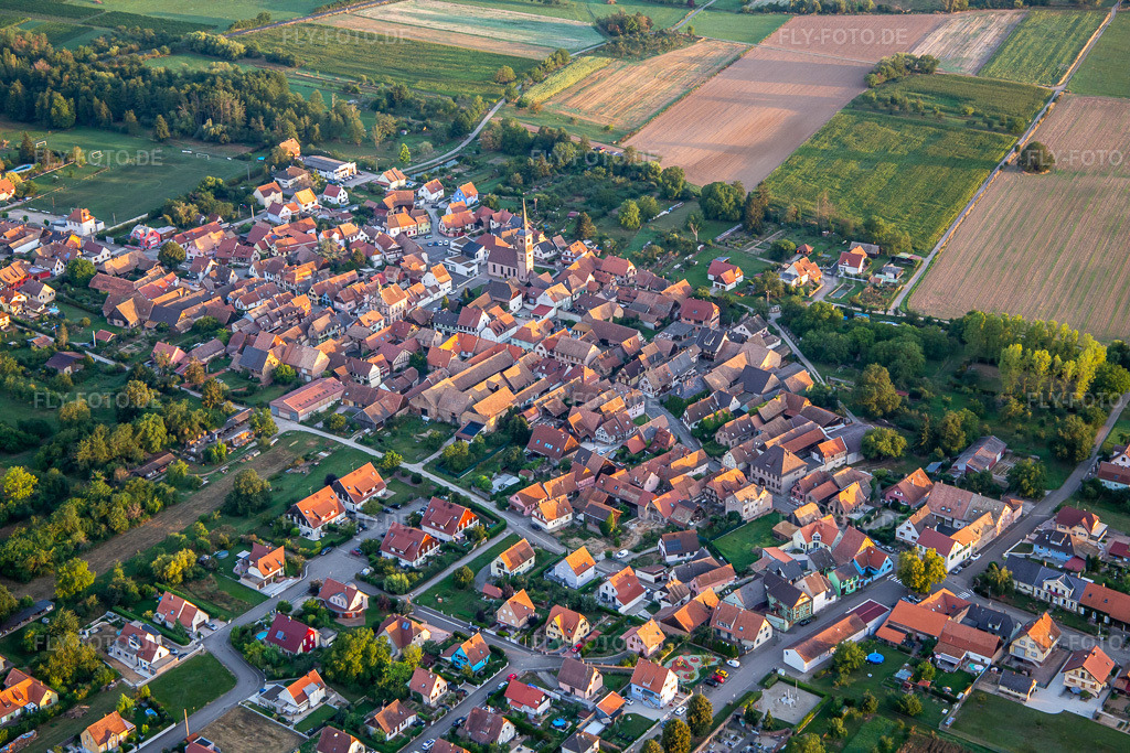 Luftbild: Ortsansicht von Südosten in Goxwiller im Bundesland Bas-Rhin in Frankreich. – Foto: IMG_137957.jpg vom 19.08.2023 durch Werner Riehm/FLY-FOTO.de – Auflösung des Originals: 5472 x 3648 px