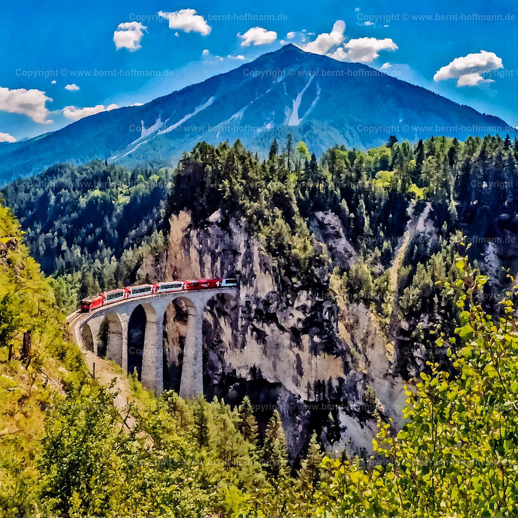 PAD2_RH_BahnViadukt01_120x120 | DIGITALKUNST. Landwasserviadukt bei Filisur im Albulatal. __ 
Weltbekannte Eisenbahnbrücke vor dem ........ Berg. __ Das Basisfoto für dieses malerisch verwandelte Werk hat der Schweizer Hobbyfotograf Rene Hinder gemacht und es Bernt Hoffmann für dessen Kunstpart zur Verfügung gestellt. - Realisiert mit Pictrs.com