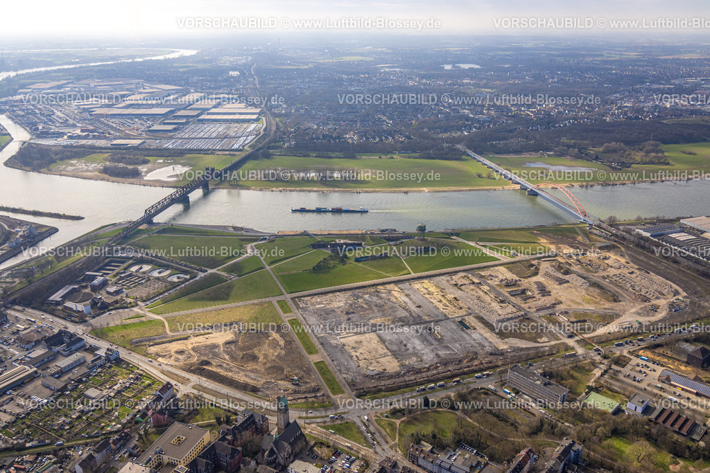 Duisburg240303709 | Luftbild, Rheinpark Baugelände mit Hochfelder Eisenbahnbrücke und Brücke der Solidarität, Hochfeld, Duisburg, Ruhrgebiet, Nordrhein-Westfalen, Deutschland, Duisburg-S