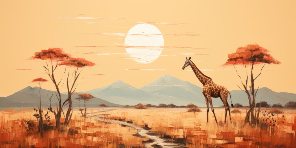 2307176 - Savanne | Atmosphärisches Bild einer Savannenlandschaft mit Bäumen und einer Giraffe.