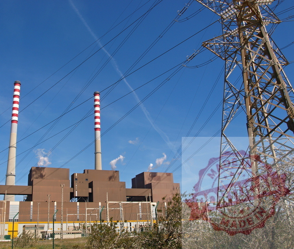 Power plant generating electricity with smokestacks and pylon against blue sky | Industrial landscape showing power plant, large smokestacks, and electricity grid pylon under a clear sky - Realized with Pictrs.com