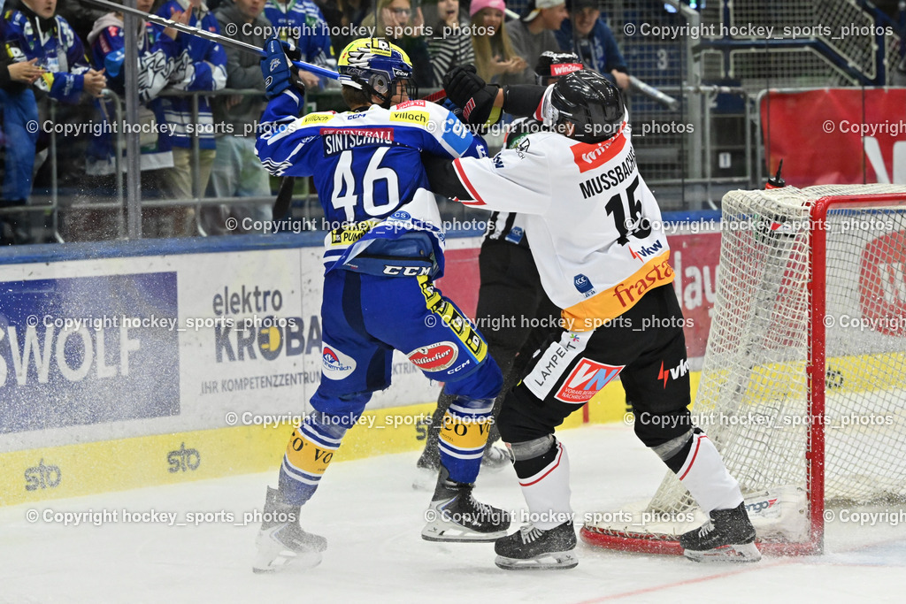 EC IDM Wärmepumpen VSV vs. Pioneers Vorarlberg | #46 Paul Sintschnig EC VSV, #15 Mark Mußbacher Pioneers Vorarlberg, EC IDM Wärmepumpen VSV vs. Pioneers Vorarlberg, EC IDM Wärmepumpen VSV vs. Pioneers Vorarlberg am 03.10.2025 in Villach (Stadthalle Villach), Austria, (Photo by Bernd Stefan)