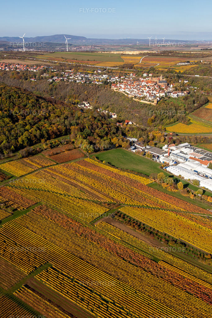 Luftbild: Herbstliche verfärbte von Weinberge oberhalb der Produktionshallen der Gechem GmbH & Co. KG in Neuleiningen im Bundesland Rheinland-Pfalz in Deutschland. Foto: IMG_123610.jpg vom 31.10.2020 durch Werner Riehm/FLY-FOTO.de