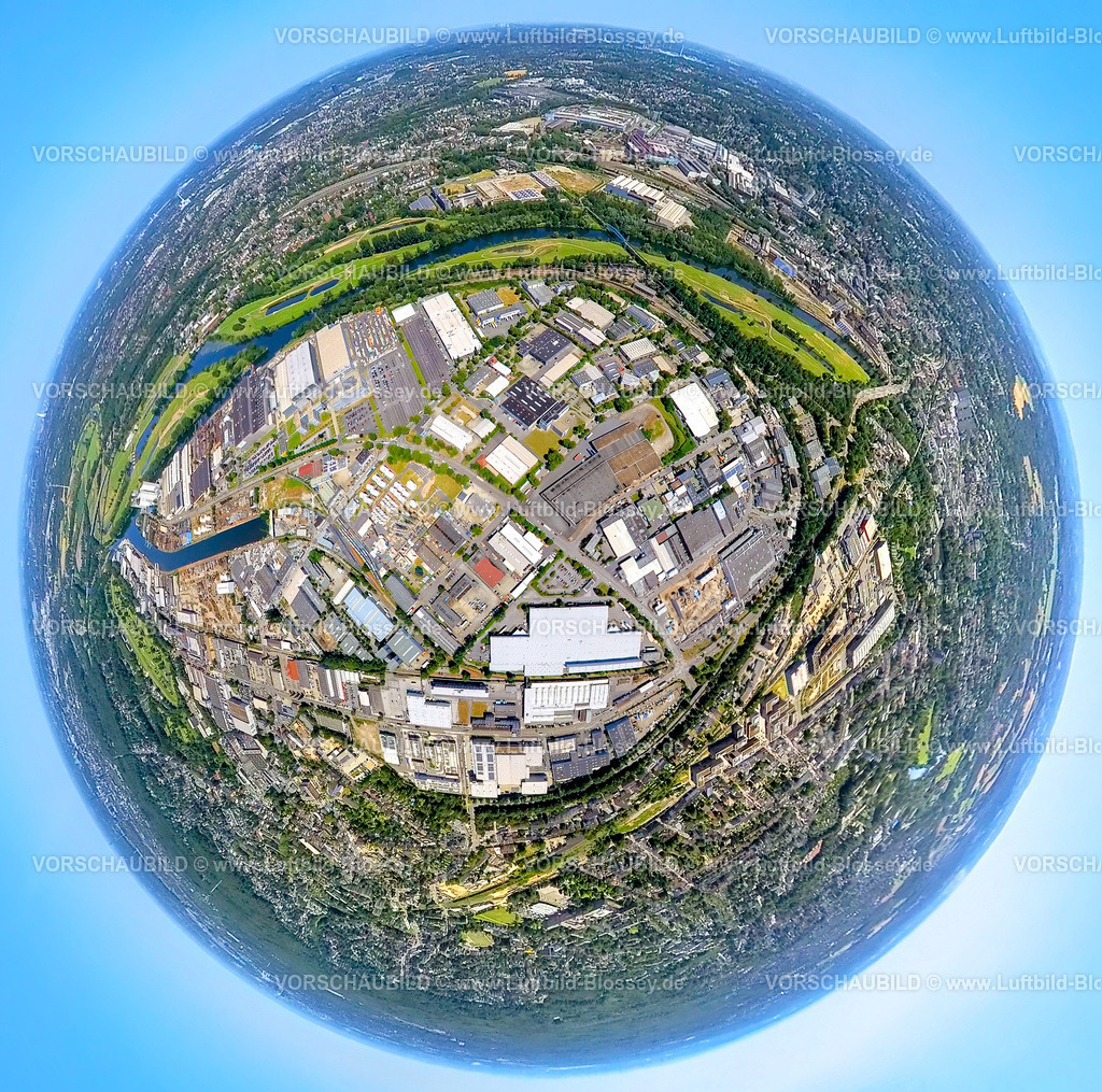 Muelheim230790105_Gewerbegebiet Weseler Strasse | Luftbild, Gewerbegebiet Weseler Straße, Erdkugel, Fisheye Aufnahme, Fischaugen Aufnahme, 360 Grad Aufnahme, tiny world, Speldorf, Mülheim an der Ruhr, Ruhrgebiet, Nordrhein-Westfalen, Deutschland