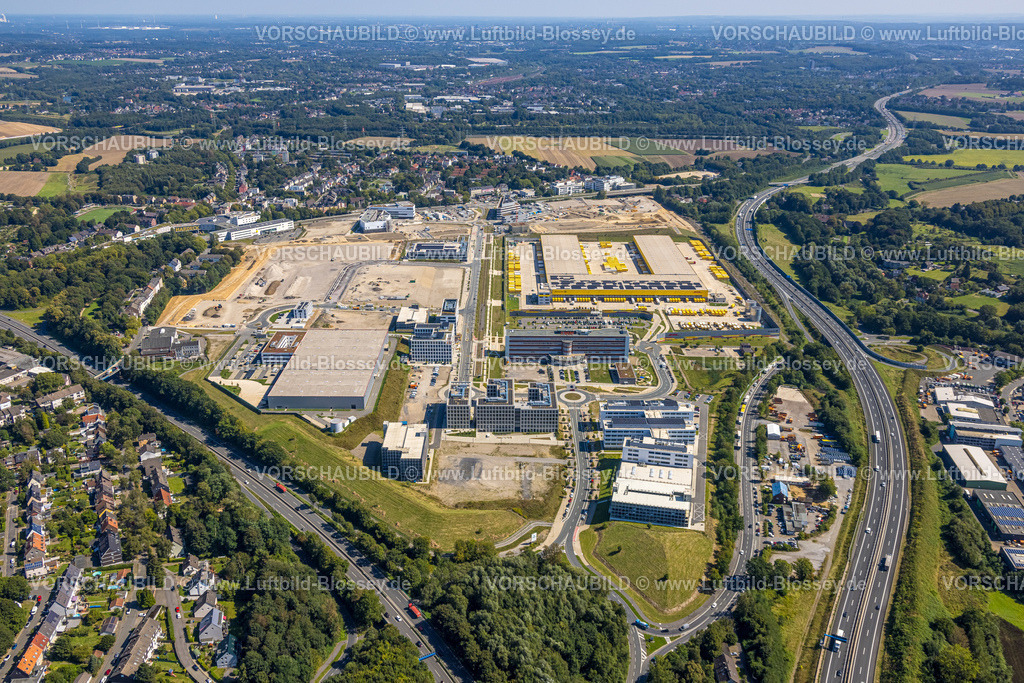 Bochum240816228 | Luftbild, Großbaustelle Mark 51/7, Wissenschaftsquartier und Technologiequartier, O-Werk Campus, VW Infotainment, DHL Logistik, ehemaliges Opel Areal an der Autobahn A448, Laer, Bochum, Ruhrgebiet, Nordrhein-Westfalen, Deutschland
