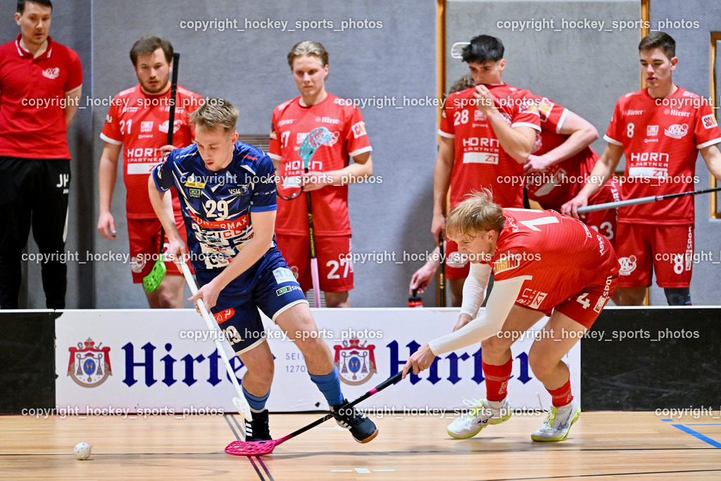 KAC Floorball vs. VSV Unihockey | #29 Anze Brajic VSV Unihockey, #14 Pascual Fina KAC Floorball, #8k##28 Gabriel Lekas KAC Floorball, #27 Valtteri Pernu KAC Floorball, #21 Tobias Grabner KAC Floorball, KAC Floorball vs. VSV Unihockey, KAC Floorball vs. VSV Unihockey am 21.03.2026 in Klagenfurt (Ballspielhalle Waidmannsdorf), Austria, (Photo by Bernd Stefan)