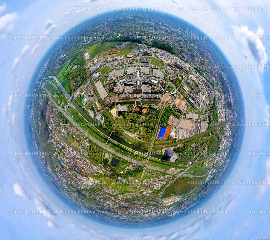 Oberhausen240490088NeueMitte_Centro | Luftbild, Westfield Centro sternförmiges Einkaufszentrum, Gesamtansicht Neue Mitte mit Gasometer am Rhein-Herne-Kanal und Fluss Emscher, Borbeck, Oberhausen, Rheinland, Ruhrgebiet, Nordrhein-Westfalen, Deutschland