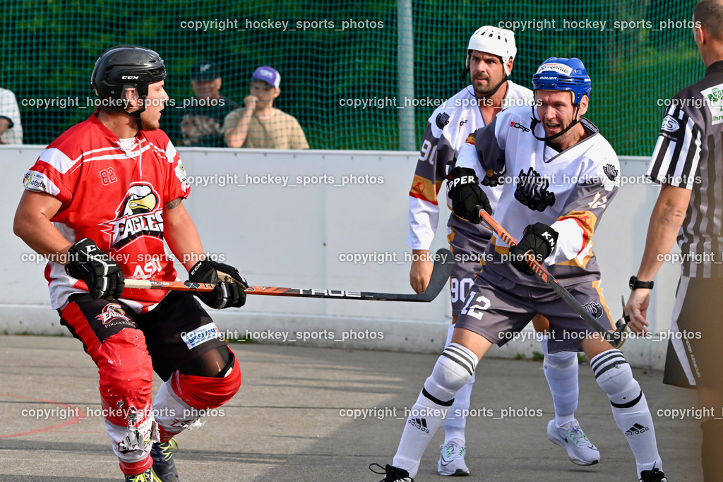 VAS Ballhockey vs. HSC Eagles Poggersdorf | #82 Wilhelmer Philip, #12 Duricky Jan, #90 Edlinger Patrick, VAS Ballhockey vs. HSC Eagles Poggersdorf, VAS Ballhockey vs. HSC Eagles Poggersdorf am 14.07.2024 in Villach (Alpen Arena ), Austria, (Photo by Bernd Stefan)