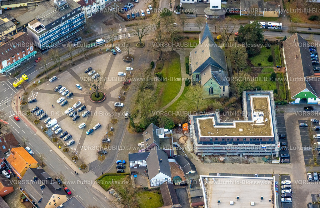 Hamm241201097 | Luftbild, evang. Sankt-Viktor-Kirche, Baustelle mit Neubau und Parkplatz Herringer Markt, Herringer Heide, Stadtbezirk Herringen, Hamm, Ruhrgebiet, Nordrhein-Westfalen, Deutschland