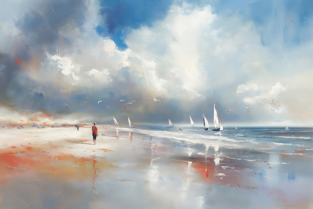 2501046 - Weiter Strand | Sehr stimmungsvolles maritimes Strandmotiv mit weißen Segelbooten im Stil eines Gemäldes.