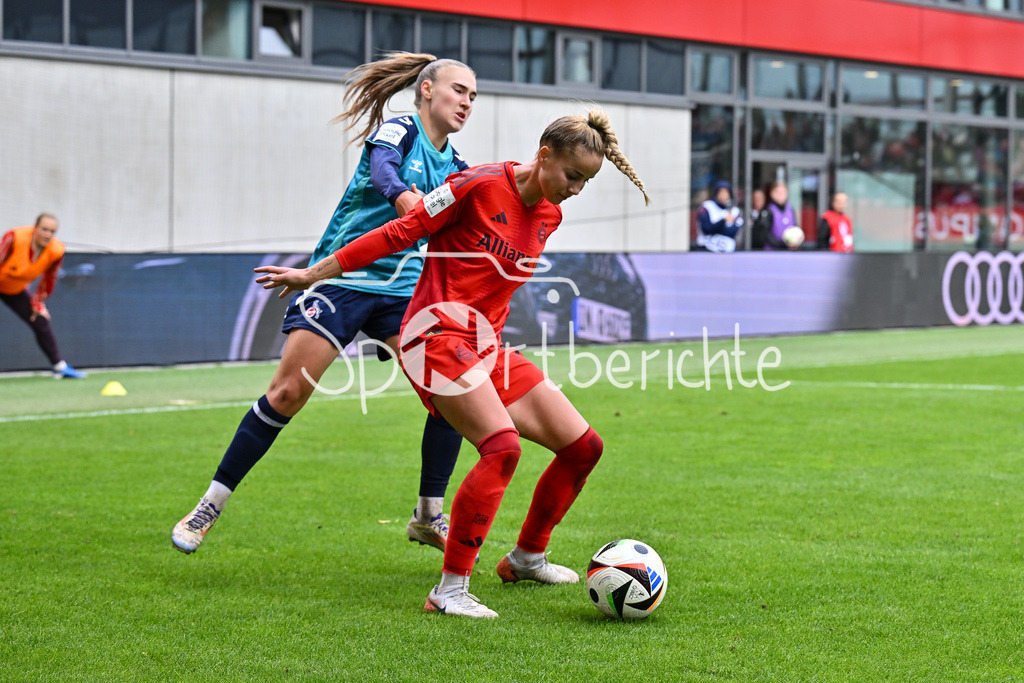 FC Bayern München Frauen - TSG 1899 Hoffenheim Frauen | im Duell Alena BIENZ (1. FC Koeln Frauen #11) und Giulia GWINN (FCB #7) / zweikampf / Frauen Bundesliga: FC Bayern München Frauen - 1. FC Köln Frauen, FC Bayern Campus am 05.10.2024