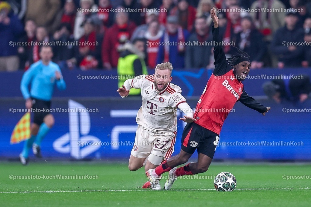 UCL11032501015 | 11.03.2025, Fußball, UEFA Champions League, Bayer 04 Leverkusen - FC Bayern München, Achtelfinale Rückspiel, BayArena, Saison 2024 2025: Konrad Laimer (FC Bayern #27) im Zweikampf gegen Jeremie Frimpong (Bayer04 Leverkusen #30)DFB regulations prohibit any use of photographs as image sequences and or quasi-video.